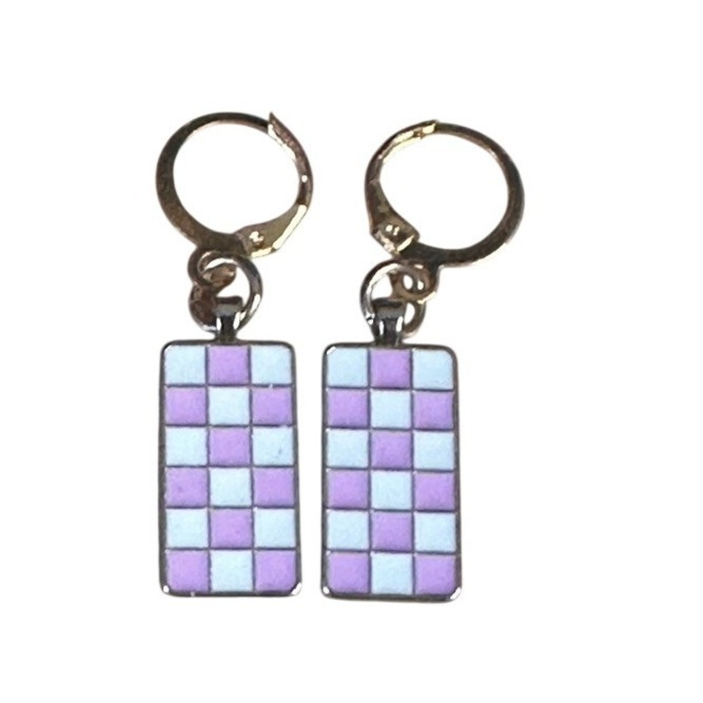 Pink White Checkerboard Enamel Drop Earrings Gold Tone Leverback Retro Y2K